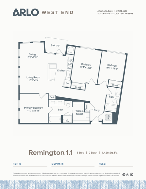 Floor plan for 3 beds, 2 baths, 1428 sqft